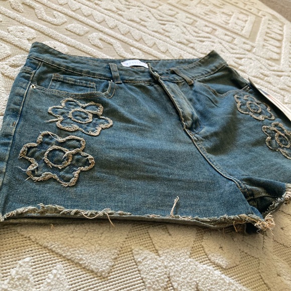 Angel Kiss Blue Jean Shorts with Distressed Floral Design - Picture 5 of 7